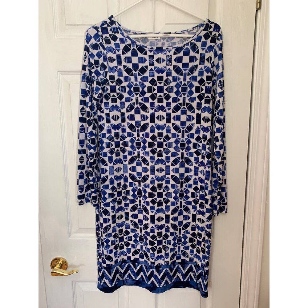 Cato Womens Shift Dress Medium Blue Geometric Print Long Sleeve Knee Length